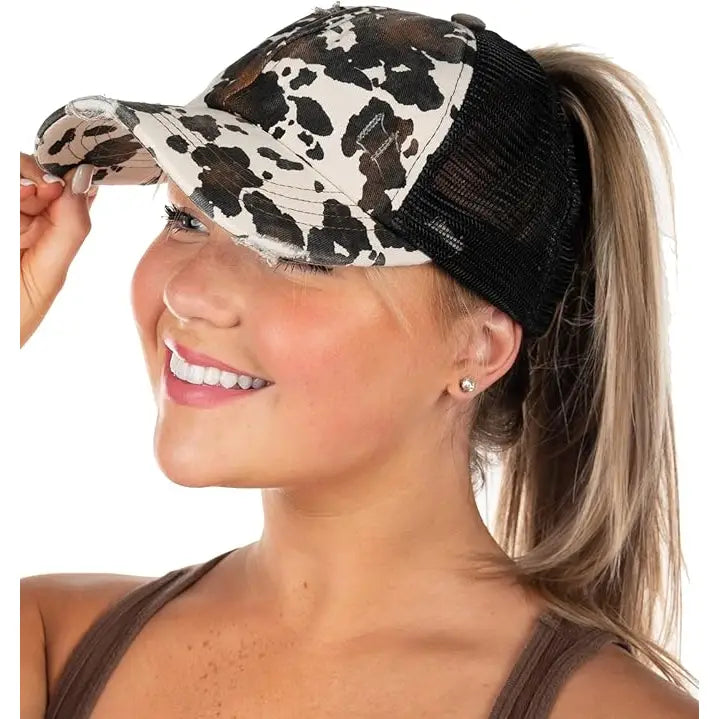 2 Tone Criss Cross Ponycap Cow Print Hat