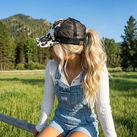 2 Tone Criss Cross Ponycap Cow Print Hat