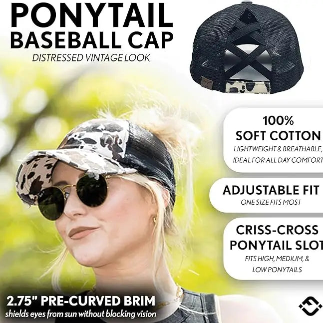 2 Tone Criss Cross Ponycap Cow Print Hat
