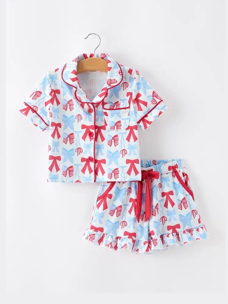 4th Of July Bow Girls Pajama Set Short Sleeve Ruffle Shorts 6Y