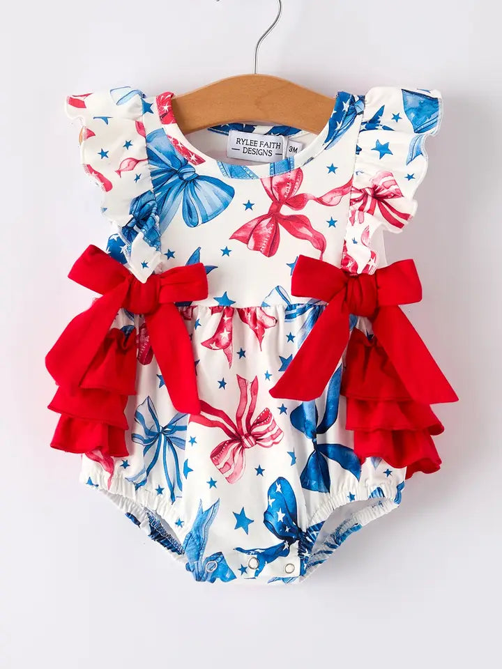 4th Of July Bow Print Girls Romper 12M
