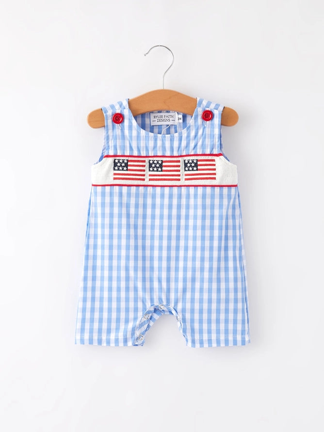 4th Of July Flag Embroidery Smocking Boys Romper 6M