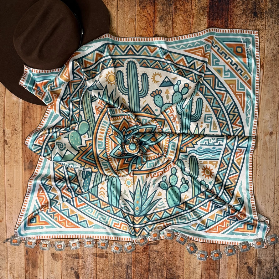 Aztec Cacti Print Silk Wild Rag Jade/Rust 36x36