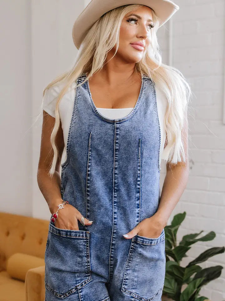 Baylee Sleeveless U Neck Patched Pocket Denim Romper