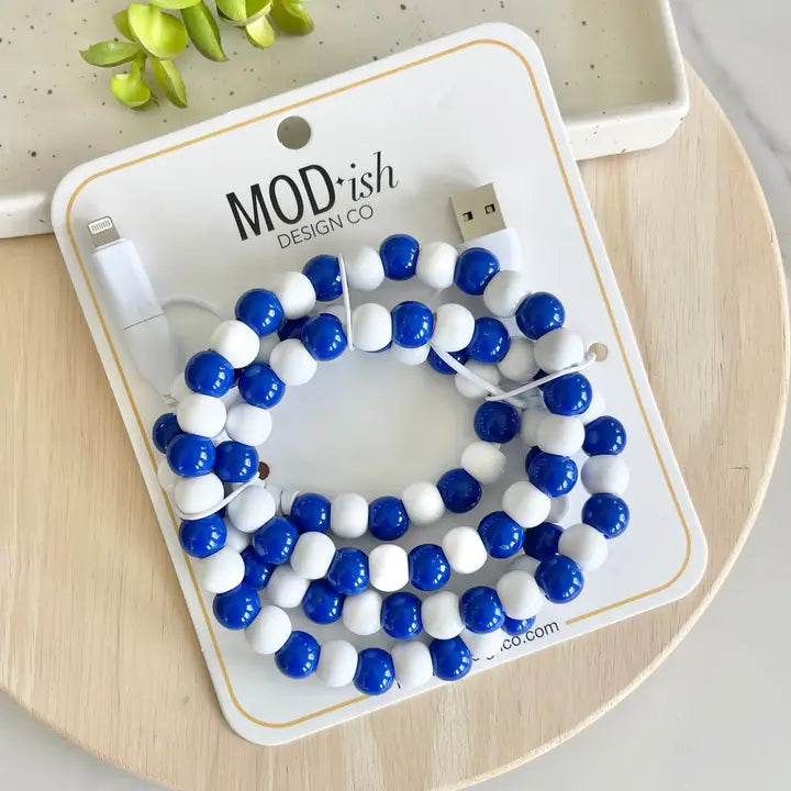 Royal & White Beaded Phone Charger
