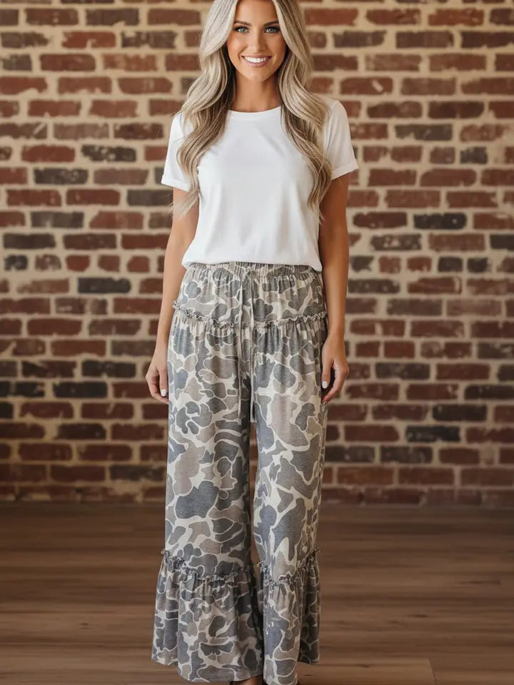Beige Camo Drawstring Wide Leg Pants