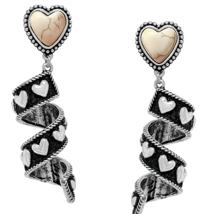 Beige Ribbon Twirl Heart Stone Western Dangle Earrings