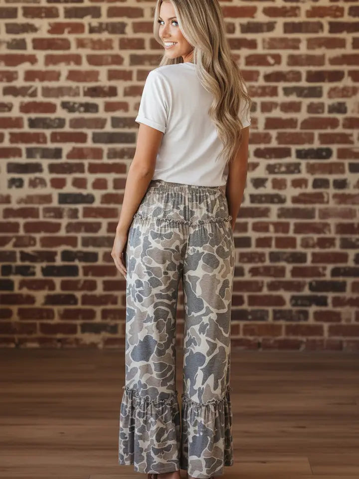 Beige Camo Drawstring Wide Leg Pants