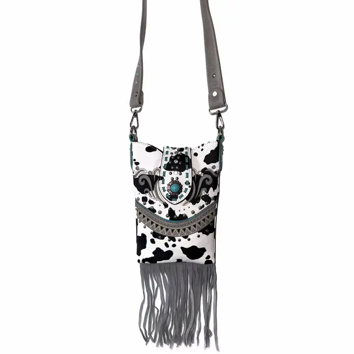 Black Bella Cow Print Fringe Western Crossbody Messenger Pouch