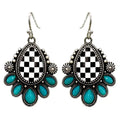 Black Checkered Print Western Teardrop Flower Earrings