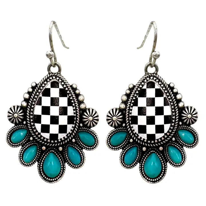 Black Checkered Print Western Teardrop Flower Earrings