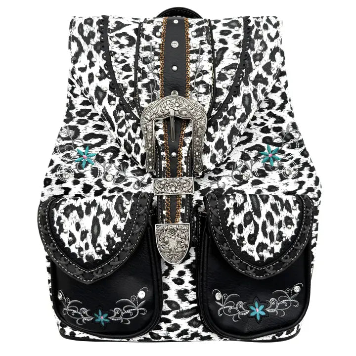 Black Leopard Print Western Leather Buckle Backpack