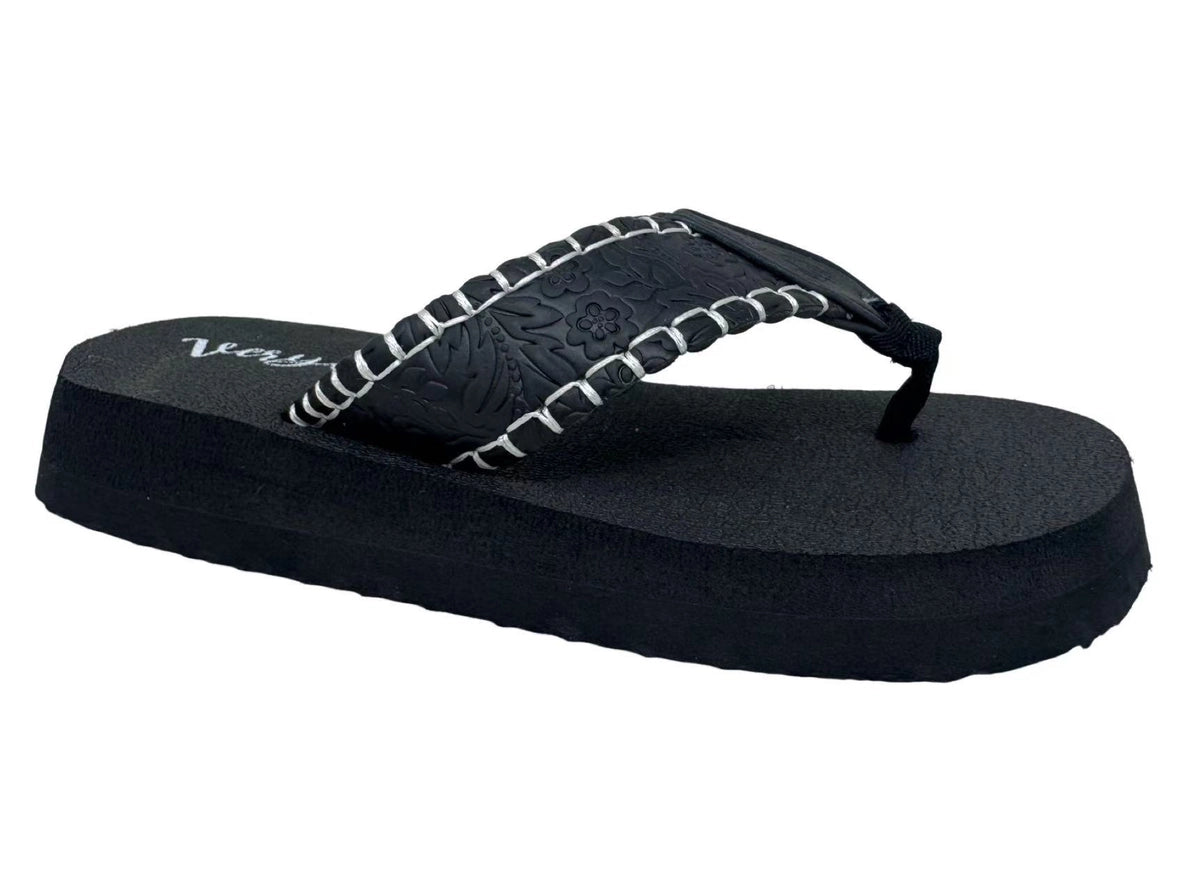 Black Women's Floral Embossed Flip Flops