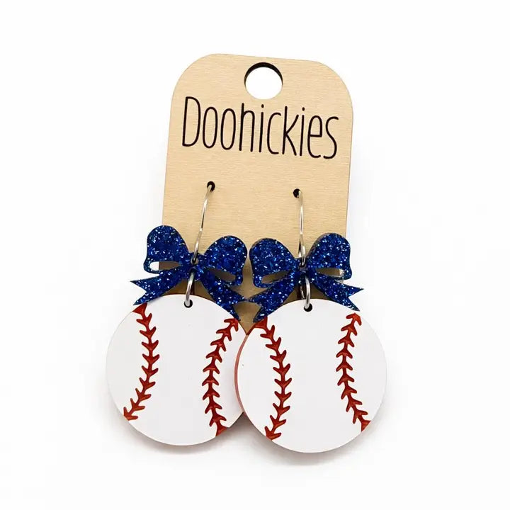 Blue Bow Baseball Dangle Earrings
