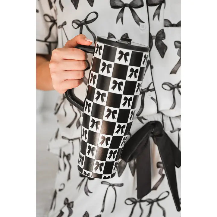 Bow Chic Checkered Sleek Tumbler Black/White