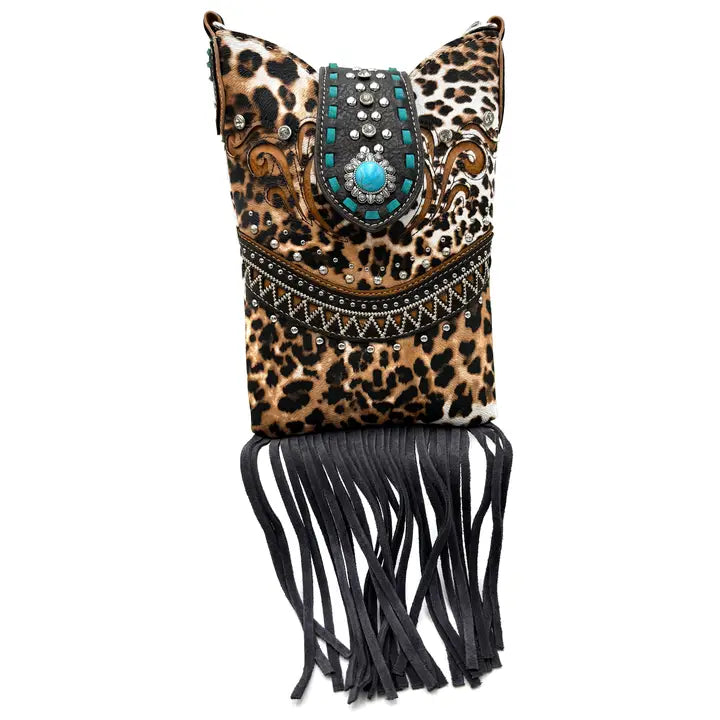 Brown Bella Leopard Print Fringe Western Crossbody Messenger Pouch