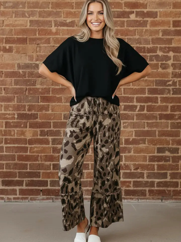 Brown Camo Drawstring Wide Leg Pants