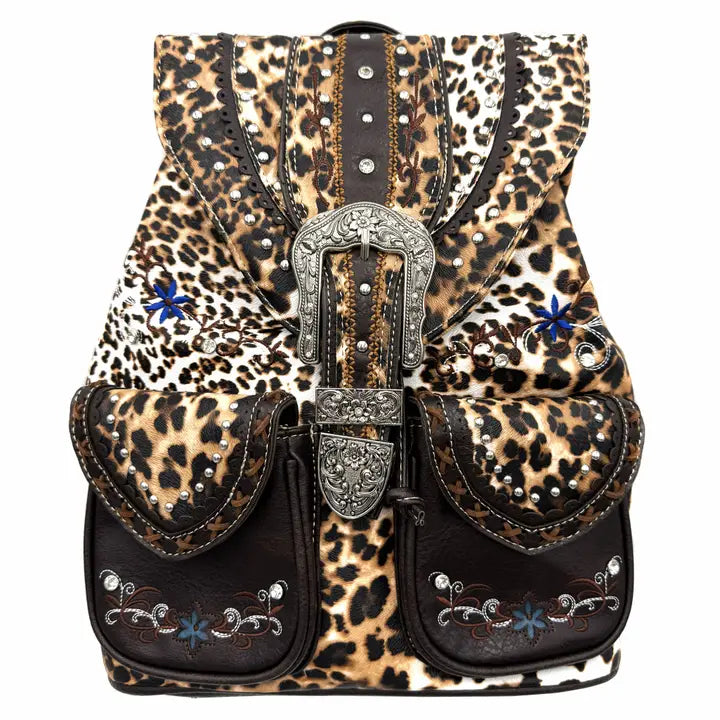 Brown Leopard Print Western Leather Buckle Backpack