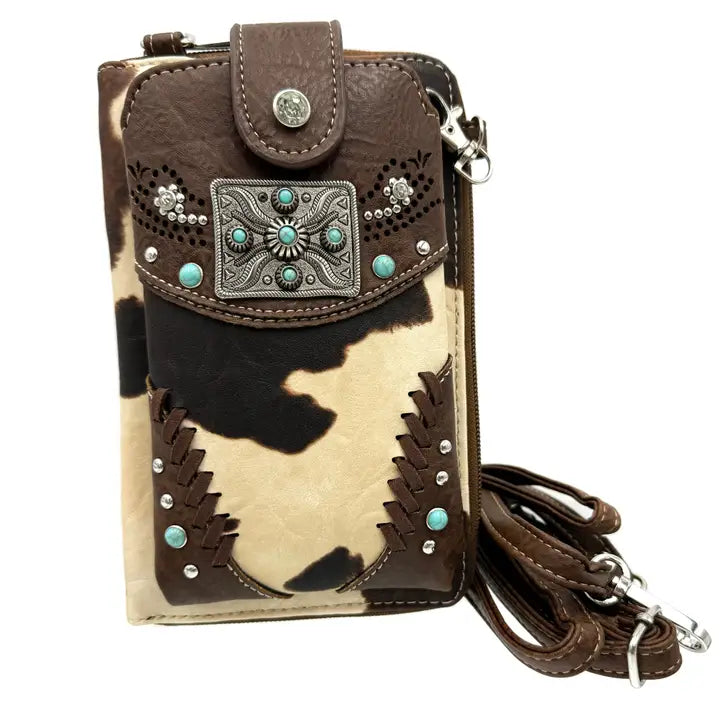 Brown Rectangle Concho Cow Print Western Phone Wallet
