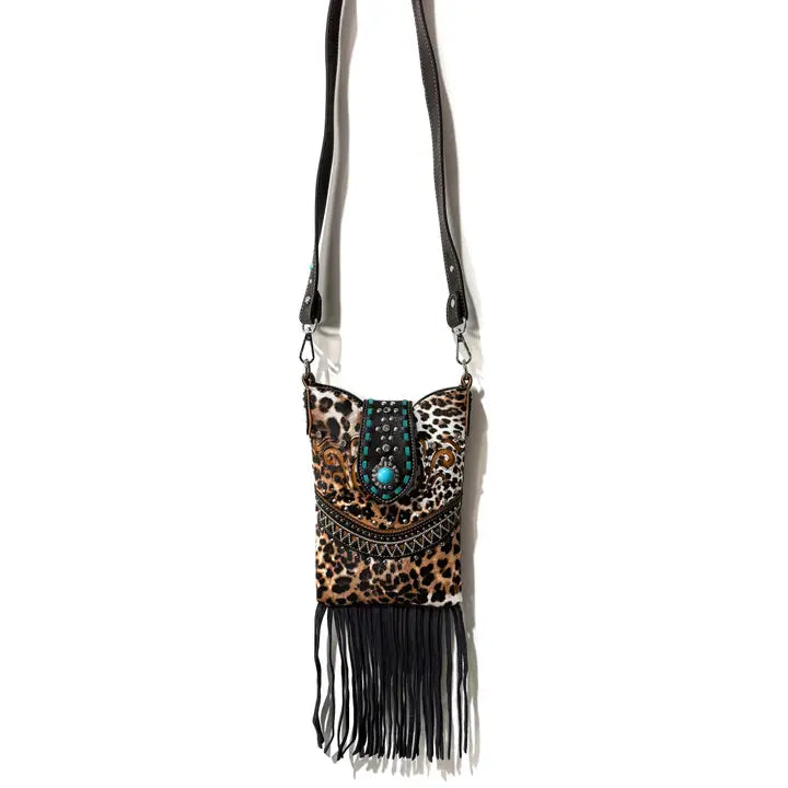 Brown Bella Leopard Print Fringe Western Crossbody Messenger Pouch
