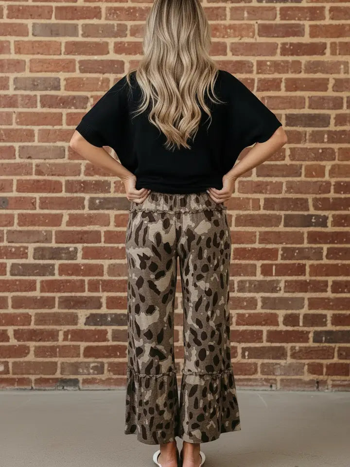 Brown Camo Drawstring Wide Leg Pants