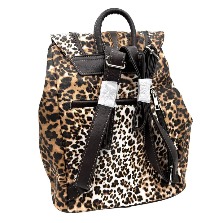 Brown Leopard Print Western Leather Buckle Backpack