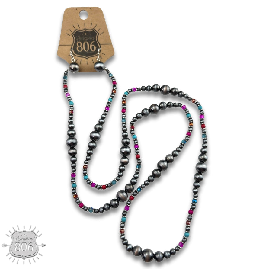 Burnished Bead Long Necklace Set Multi-Color