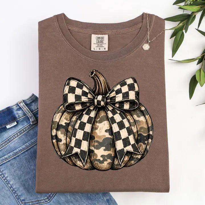 Camo Pumpkin Checkered Bow Tee