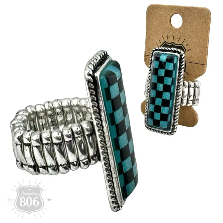 Turquoise Checkerboard Print Stretch Ring