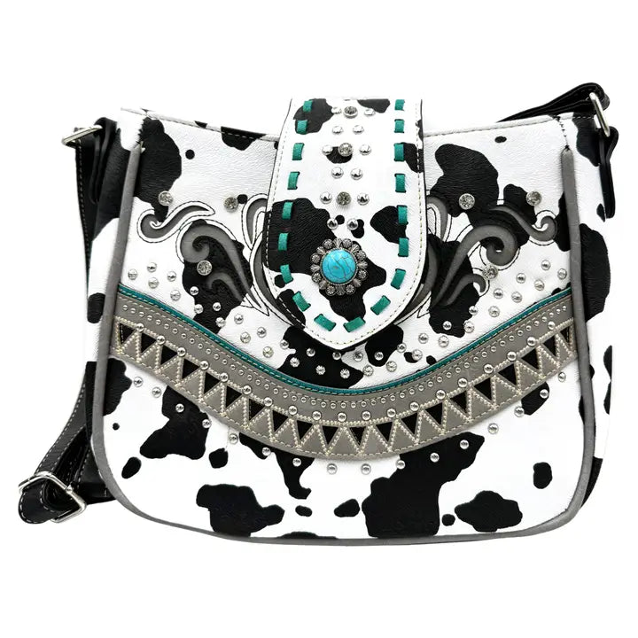 Crown Buckle Cow Print Floral Western Crossbody Bucket Bag Black
