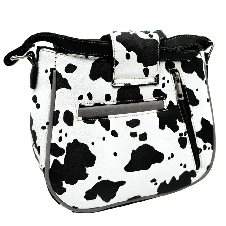 Crown Buckle Cow Print Floral Western Crossbody Bucket Bag Black