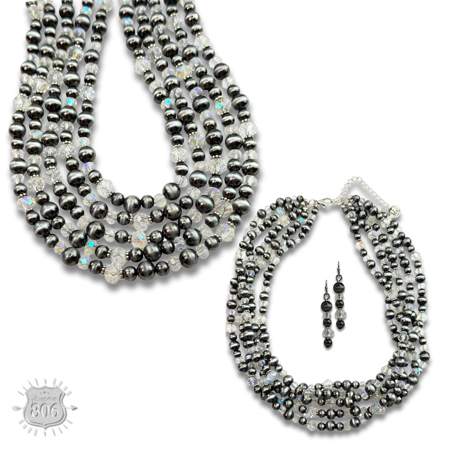 Five Strand Burnished Pearl Necklace Set Silver