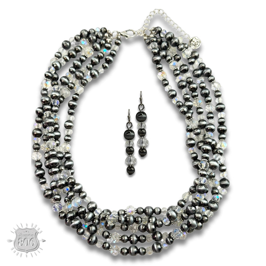 Five Strand Burnished Pearl Necklace Set Silver