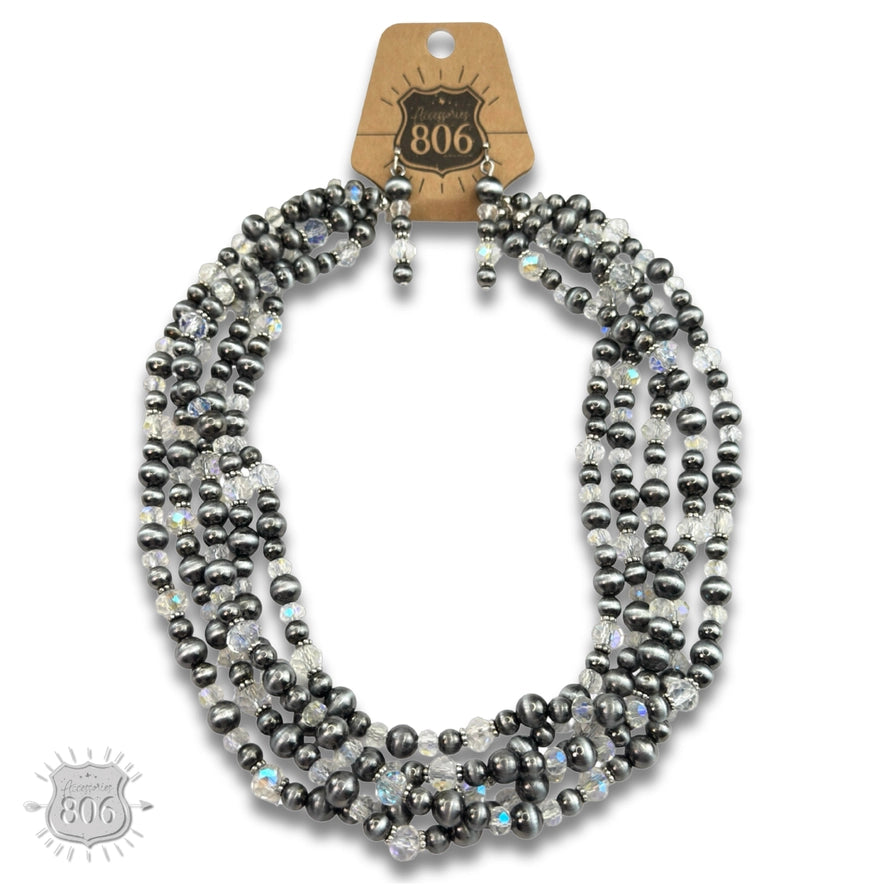 Five Strand Burnished Pearl Necklace Set Silver
