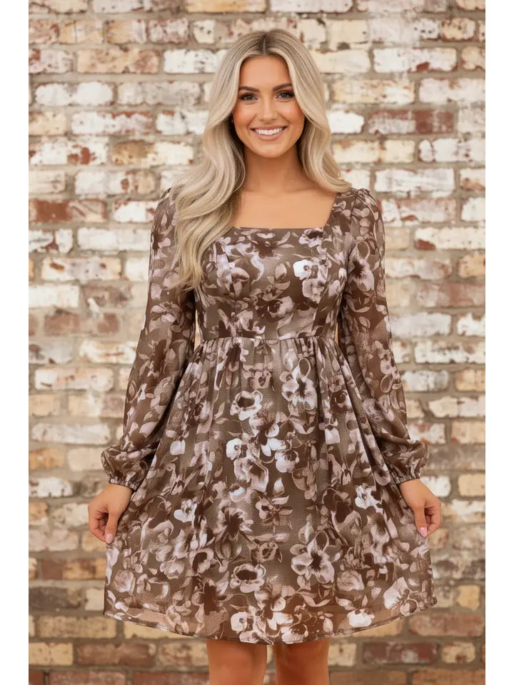 Floral Smocked Square Neck Long Sleeve Mini Dress
