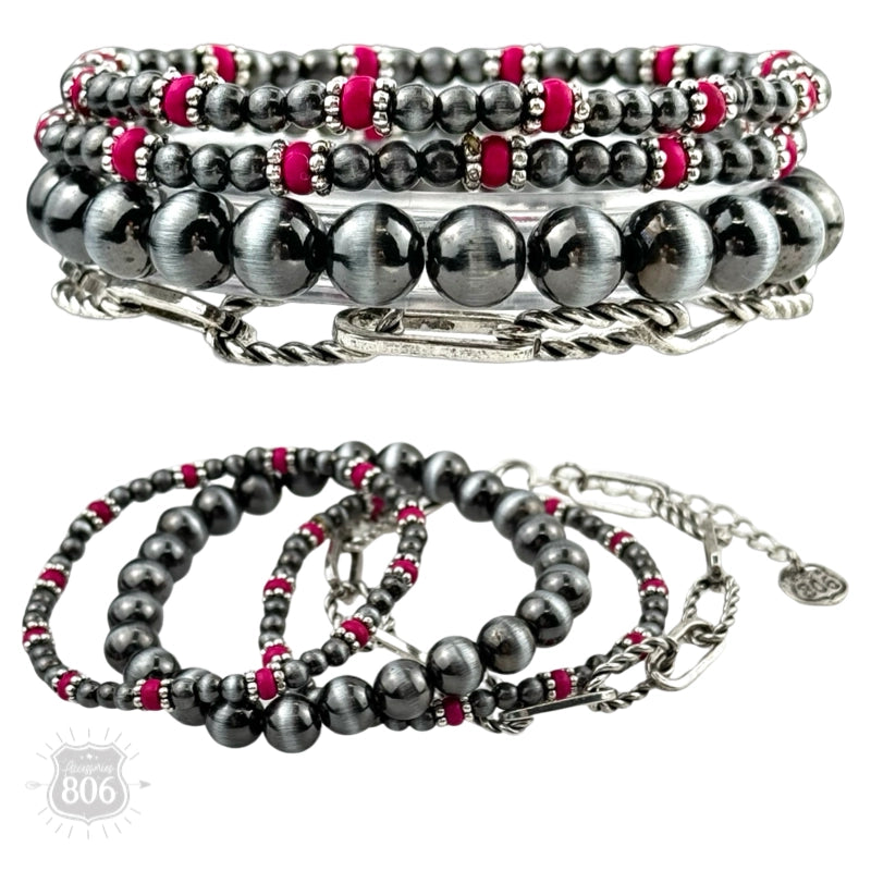 Fuchsia Western Burnished Pearl Bead & Chain Bracelet Set