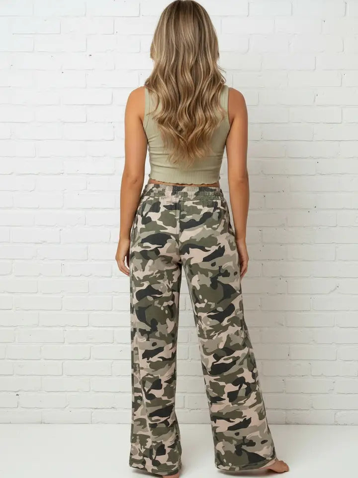 Green Camo Drawstring Wide Leg Pants