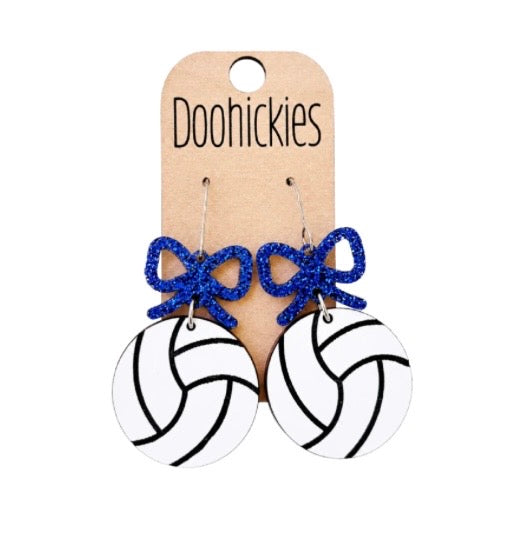 Rally Volleyball Blue Glitter Bow Earrings