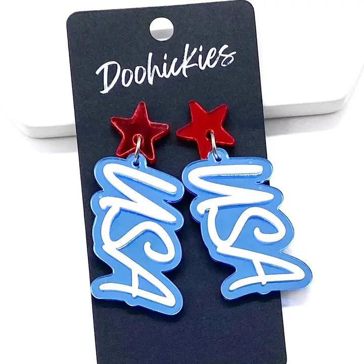 Layered USA Acrylic Dangles Patriotic Earrings Red Star Light Blue