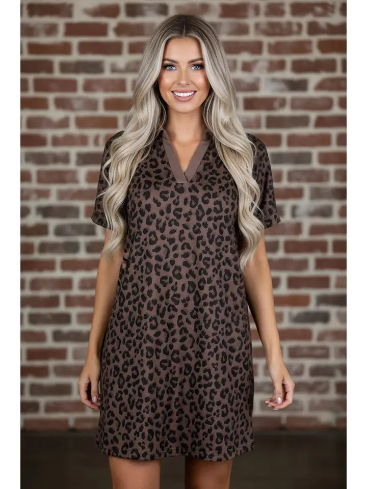 Leopard Collared V-Neck Mini Dress