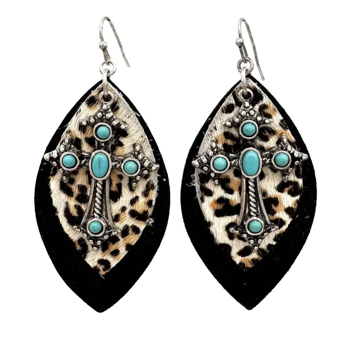 Leopard Fur Cross Turquoise Teardrop Earrings