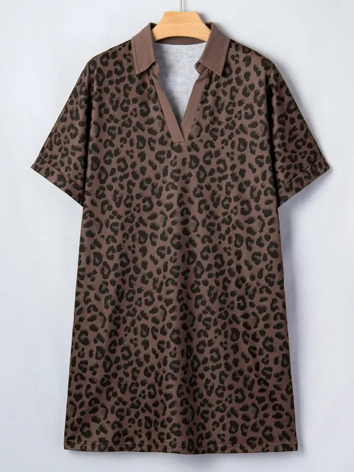 Leopard Collared V-Neck Mini Dress