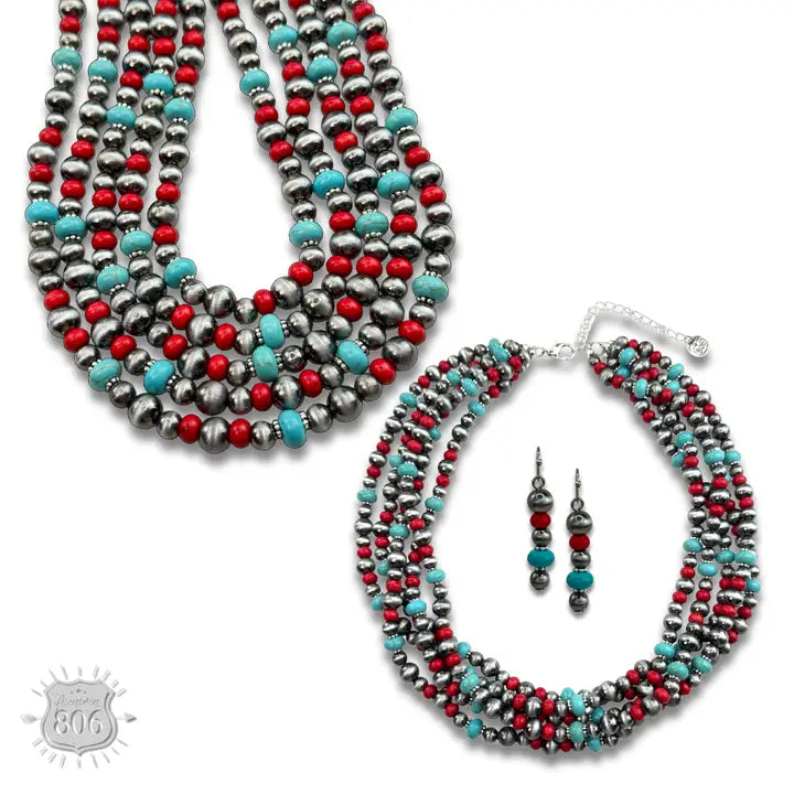 Five Strand Burnished Pearl Necklace Set Multi-Color