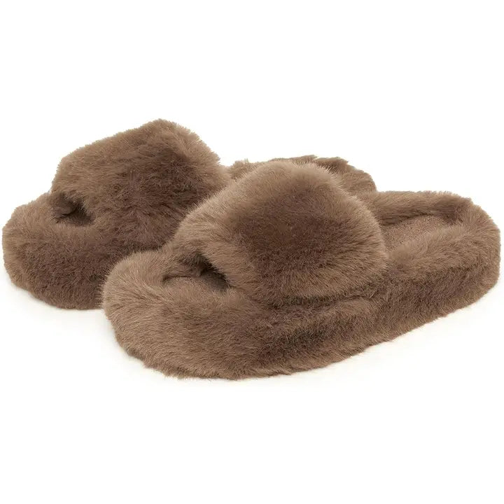 Open Toe Fuzzy Brown Slippers