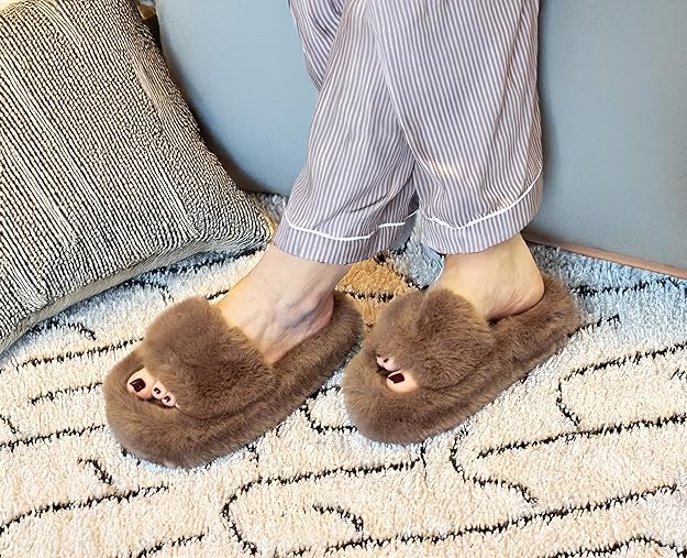 Open Toe Fuzzy Brown Slippers