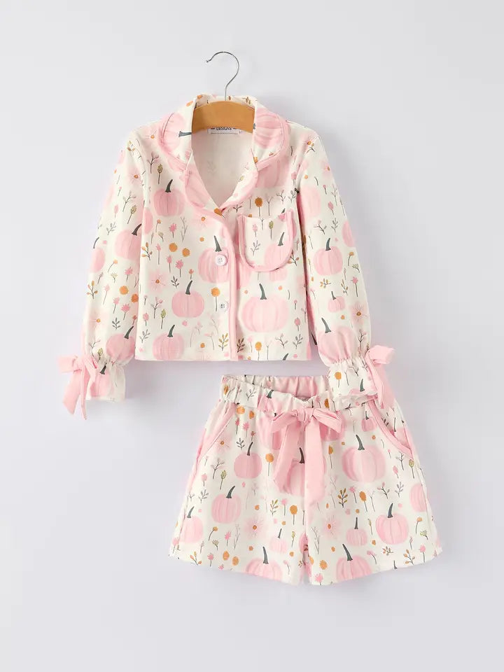 Pink Pumpkin Floral Print Pajama Set