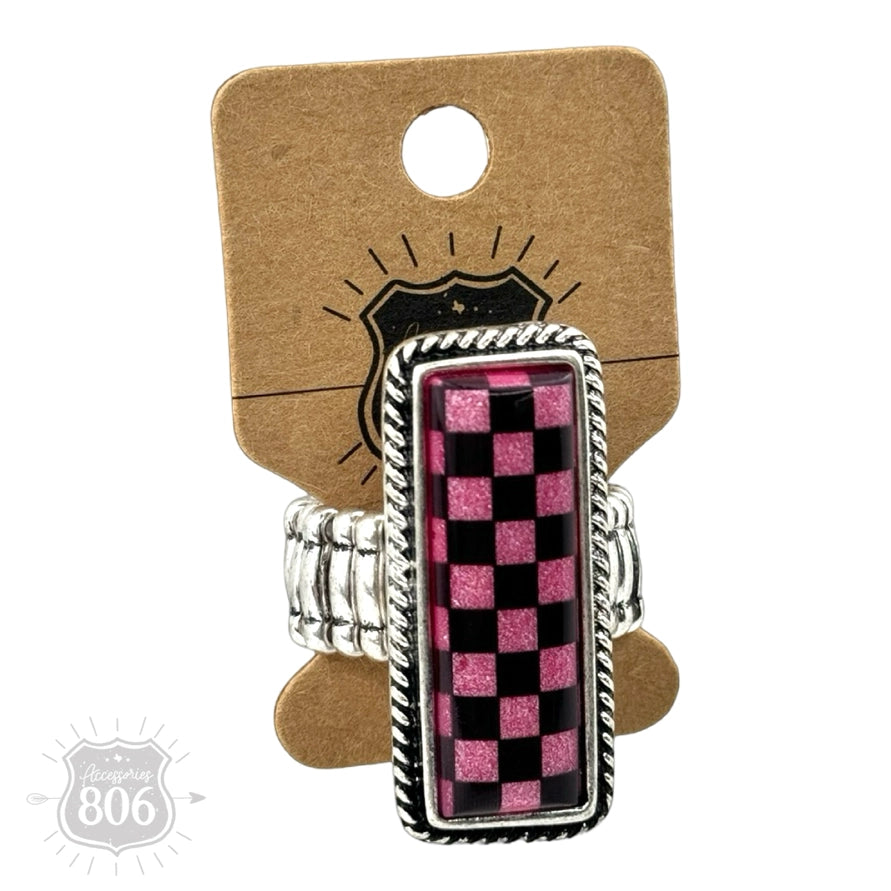 Pink Checkerboard Print Stretch Ring