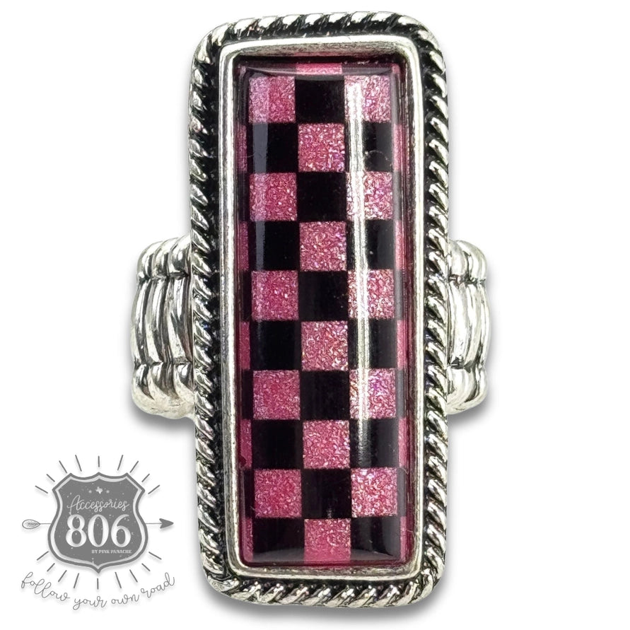 Pink Checkerboard Print Stretch Ring
