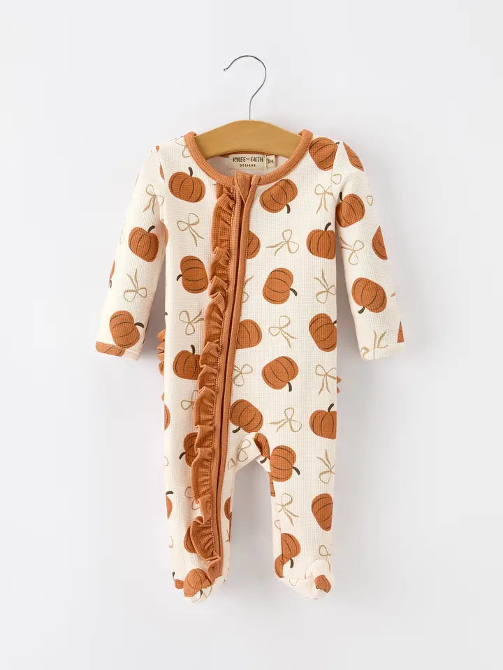 Pumpkin Ruffle Zip Sleeper Waffle Jumpsuit
