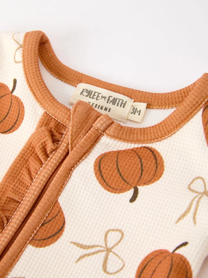 Pumpkin Ruffle Zip Sleeper Waffle Jumpsuit